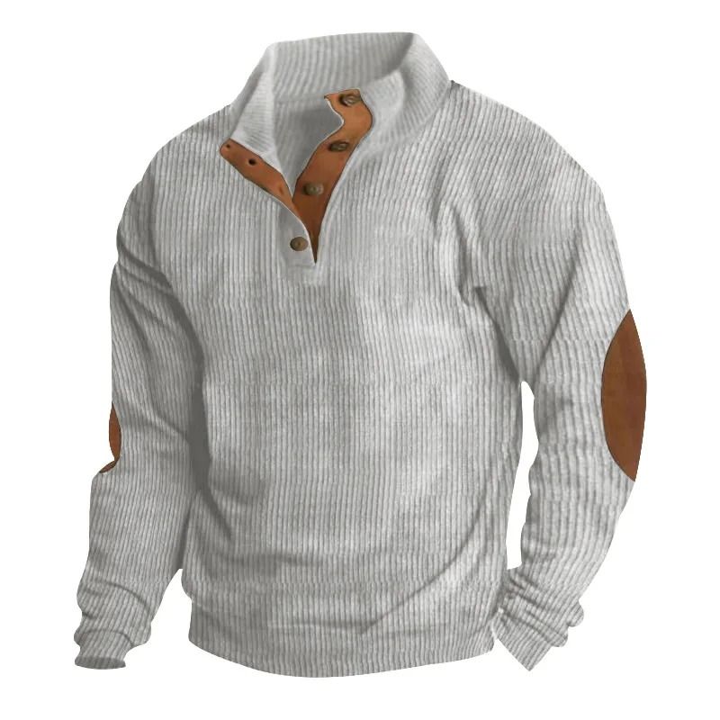 Men Corduroy Patchwork Sweatshirt Long Sleeve Stand Collar P