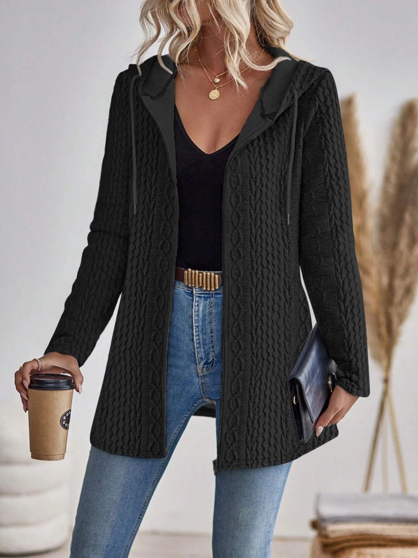 Womens Solid Color Hooded Zip Sweatshirt Casual Loose Fit Jacket