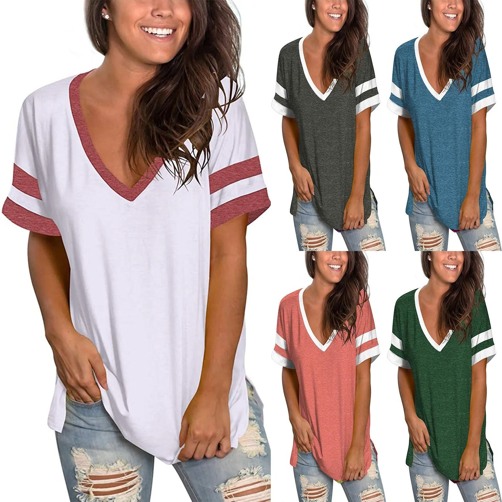 Spring Summer V Neck Short Sleeve Loose Solid Color Women T | Inspire ...