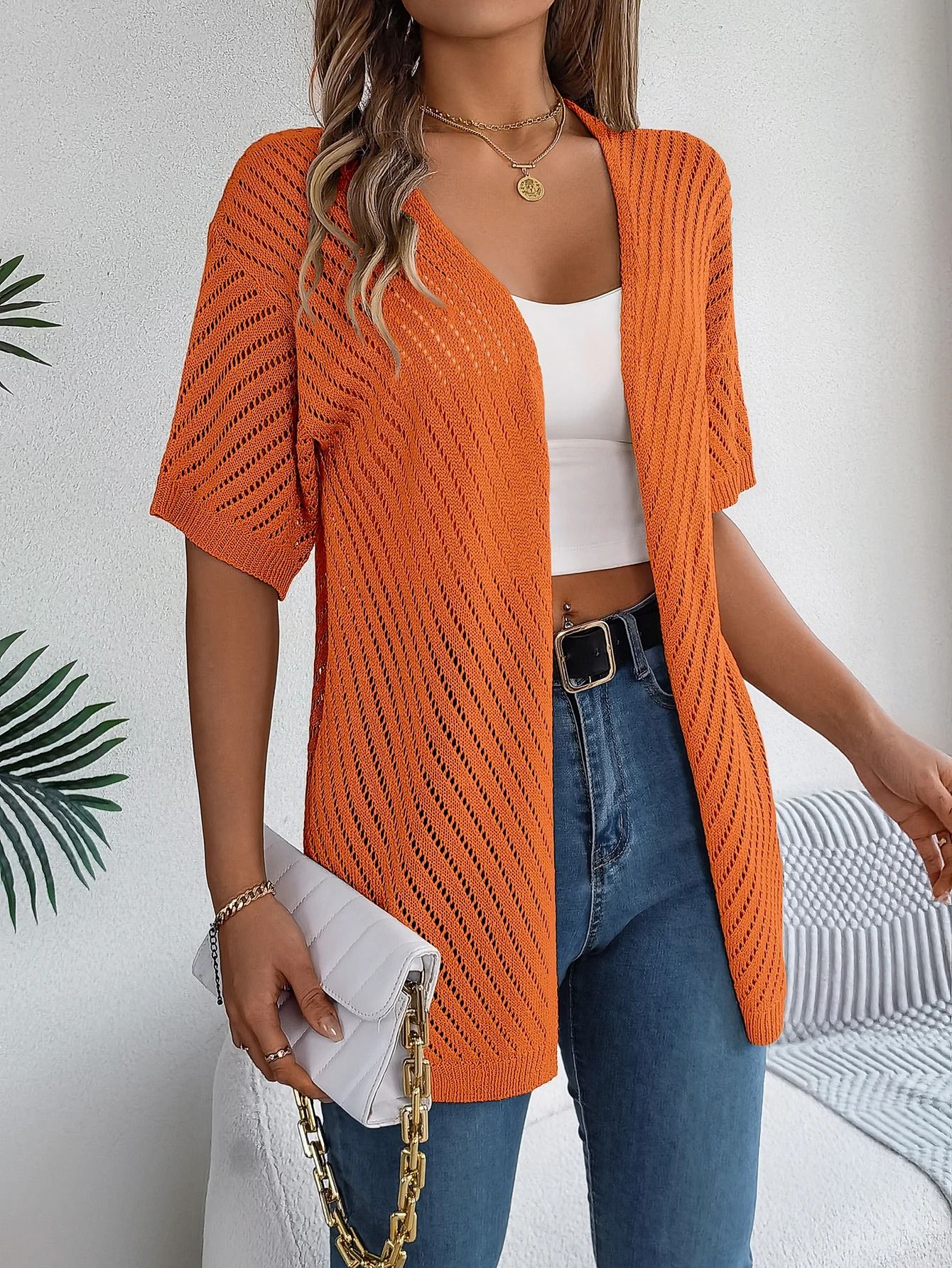 Spring Summer Knitted Cardigan Casual Solid Color Hollow Out Tops for Women