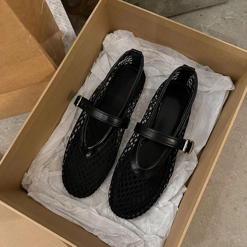 Womens Mary Jane Flats with Cut-Out Design and Buckle Strap