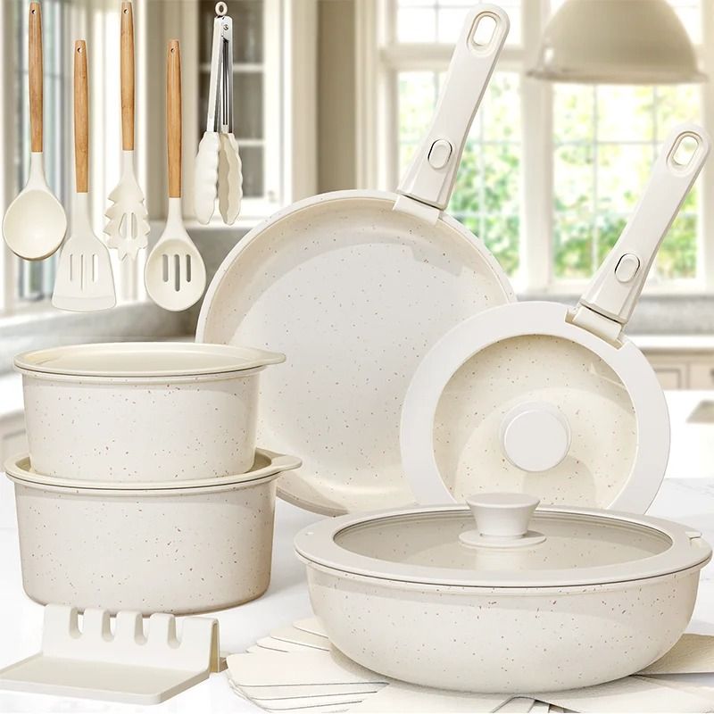 21 Piece Non Stick Ceramic Cookware Set with Sensor Handles Milky White
