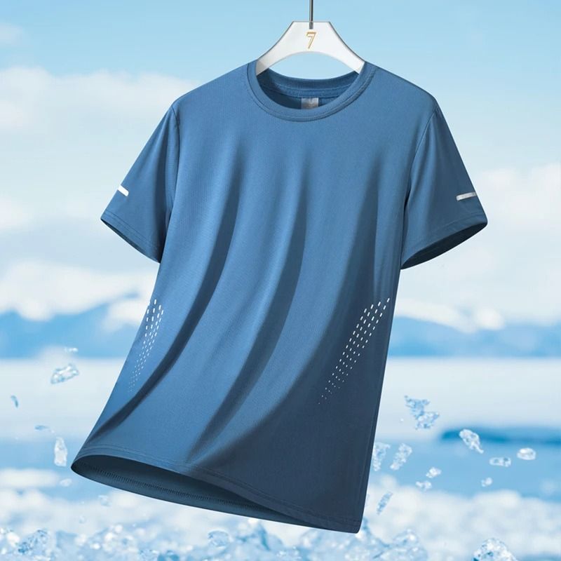 Mens Running T-Shirt – Quick Dry Ice Silk Fitness Top with Reflective Print, Breathable Short Sleeve (Up to 5XL)