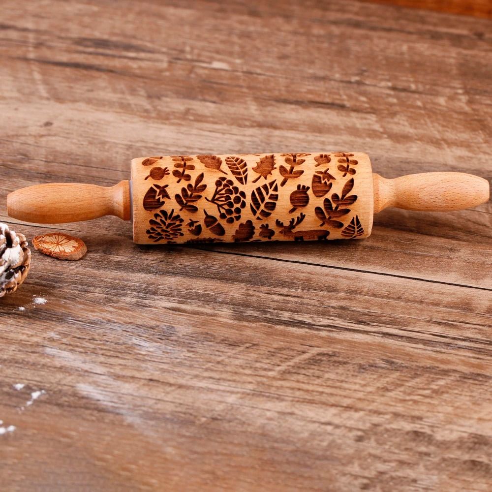 10-Inch Wooden Embossed Rolling Pin With Coffee, Lemon Flower Elk Pattern For Cookie And Pastry Baking