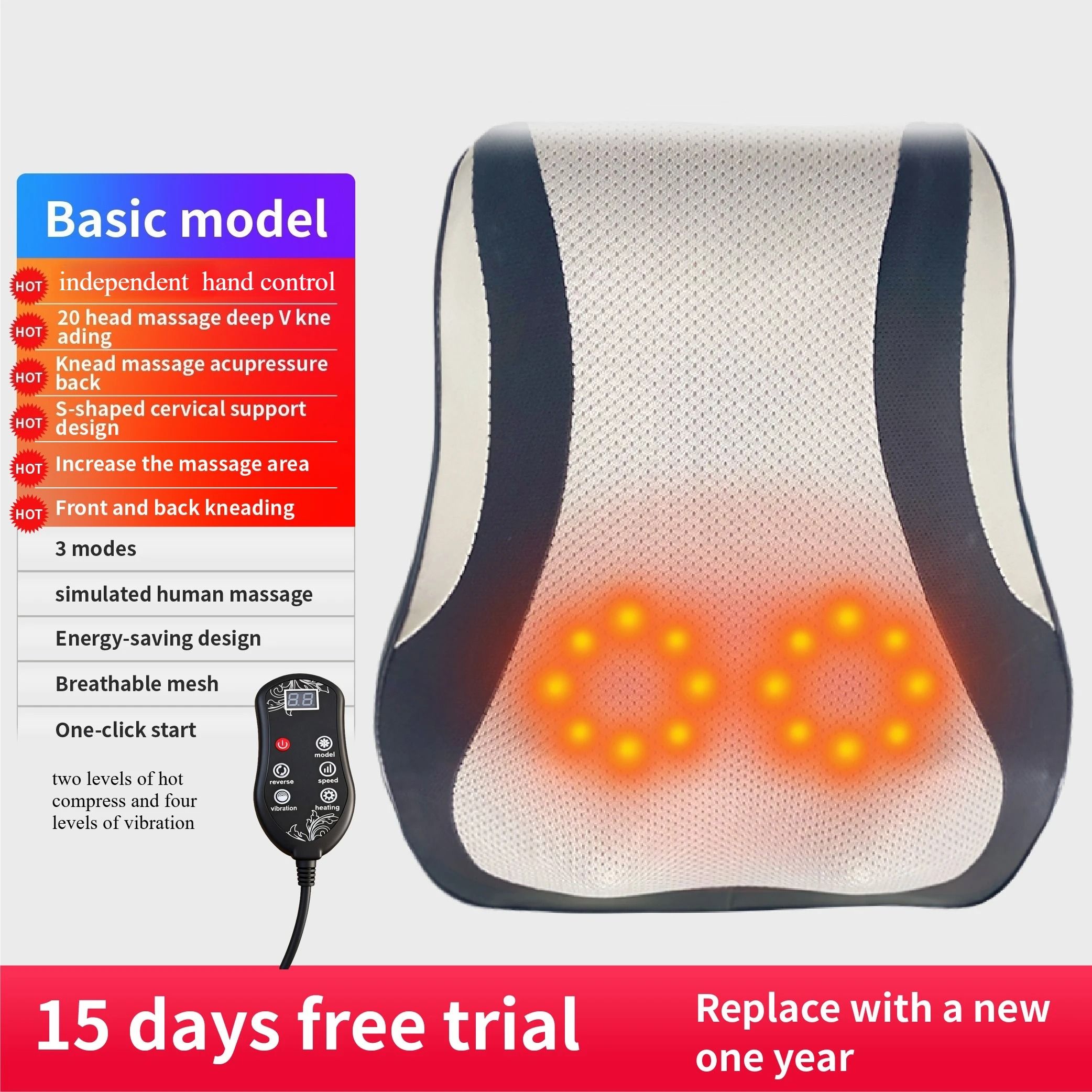 Electric Shiatsu Head Neck And Back Massager Pillow With Heat And Vibration Therapy