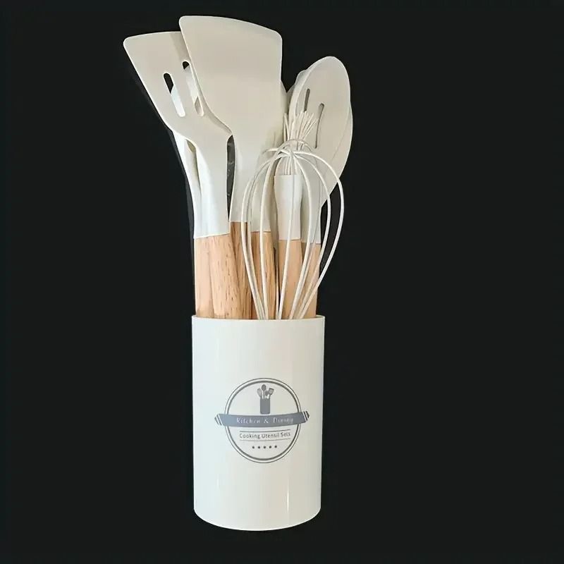 12 Piece Silicone Kitchen Utensil Set with Wooden Handles