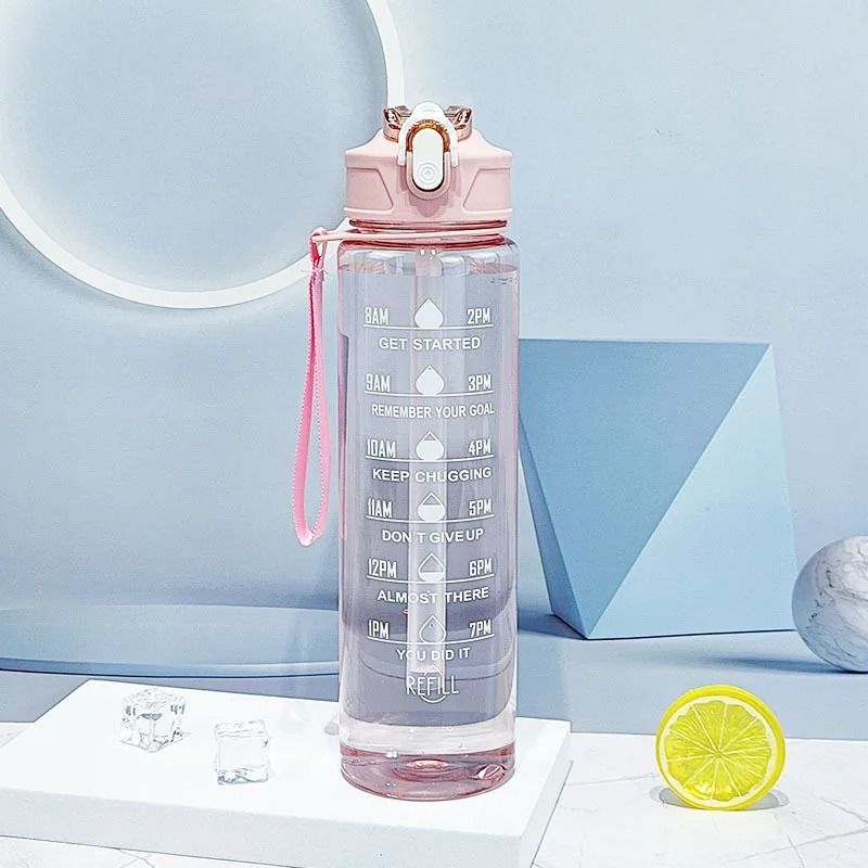 Motivational Sports Water Bottle with Time Markers and Leak Proof Straw