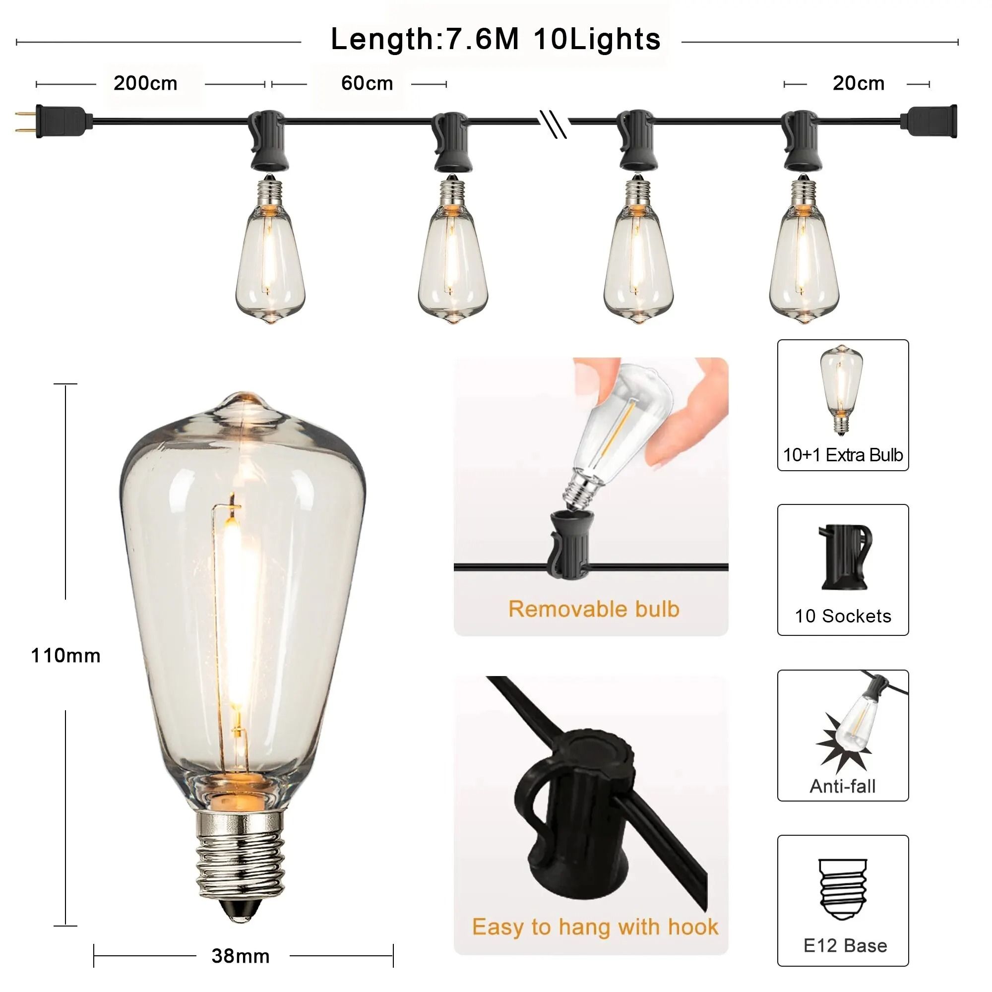 ST38 Outdoor String Lights with Connectable Waterproof LED Bulbs for Patio, Garden, and Home Decor