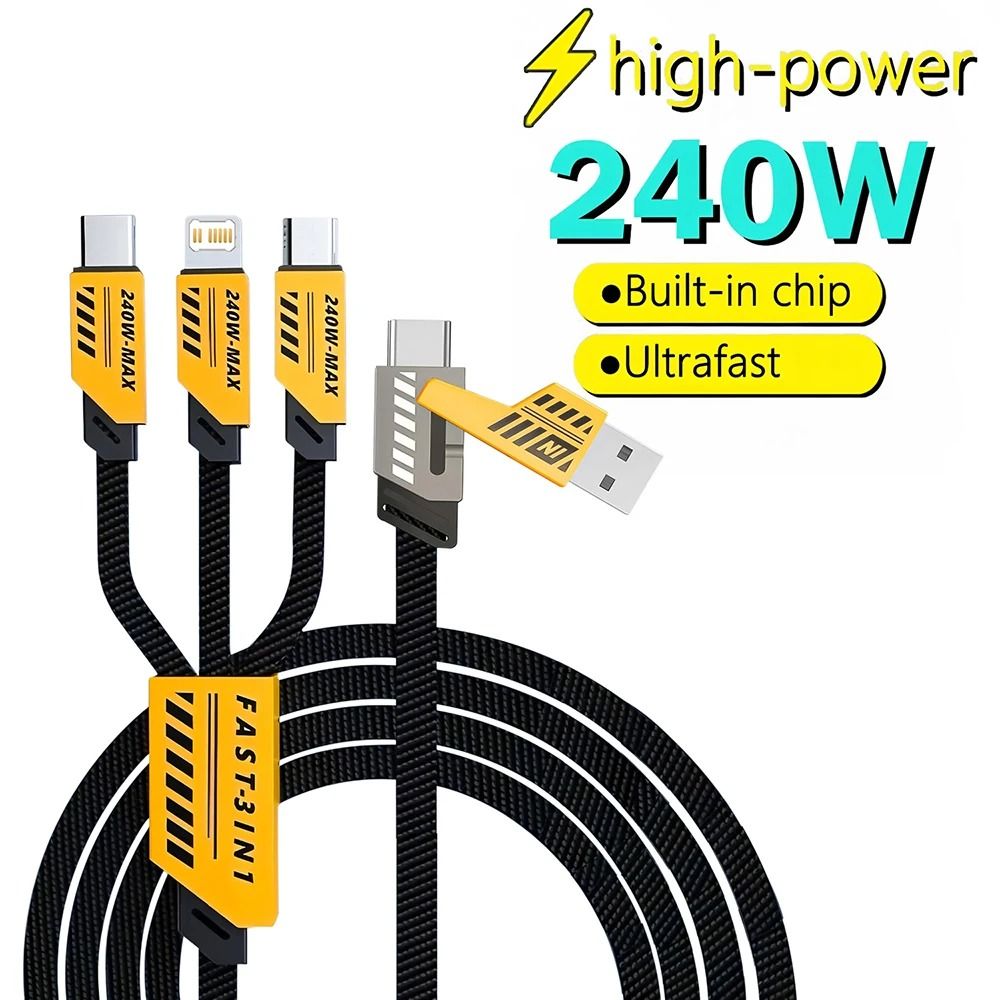 240W Nylon Braided Fast Charging Cable with 3-in-1 Multiport Connectors