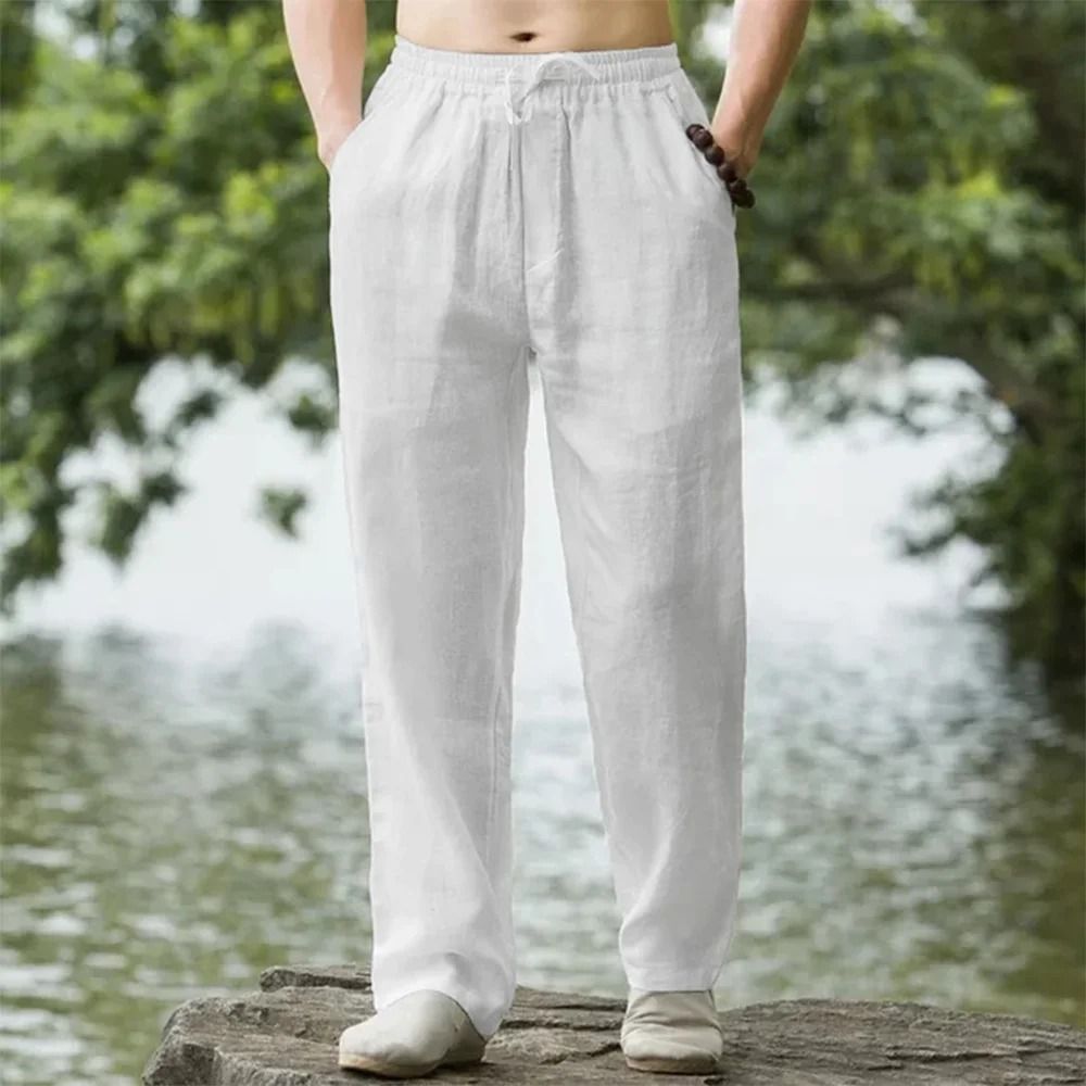 Mens Cotton Linen Beach Jogger Pants for Summer Casual Wear