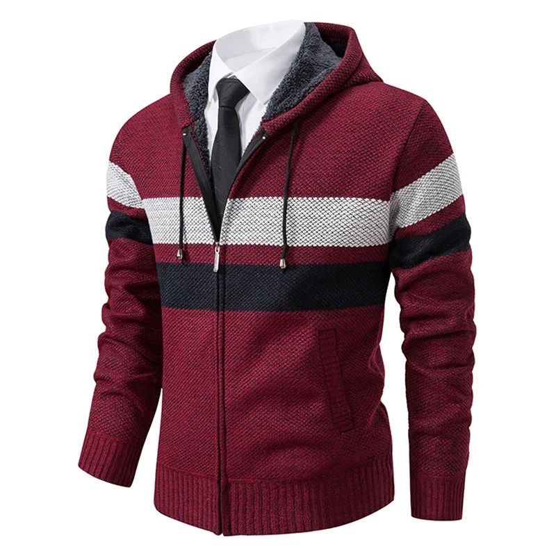 Mens Warm Striped Hooded Knit Cardigan for Autumn and Winter