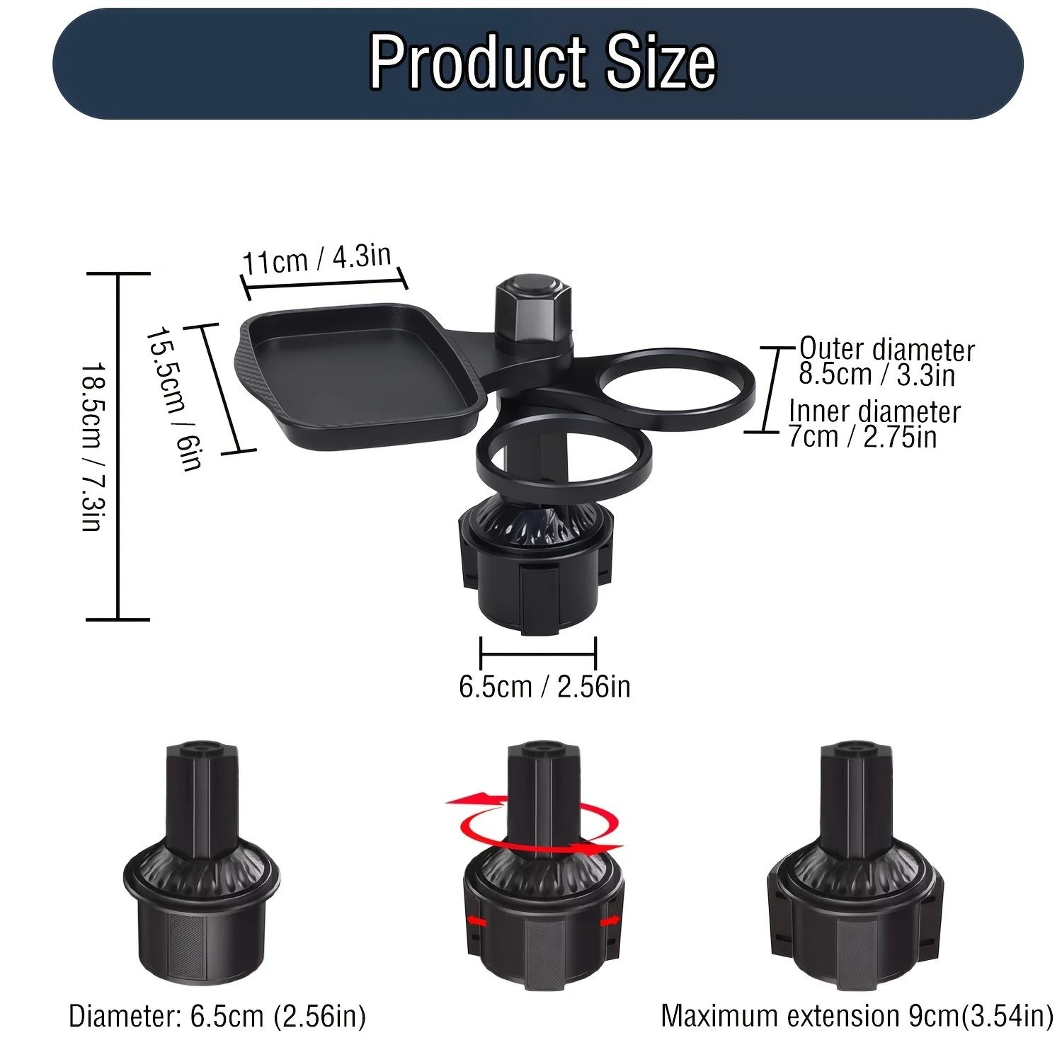 Car Cup Holder Tray Expander 3 in 1 Detachable Food Table with Adjustable Base