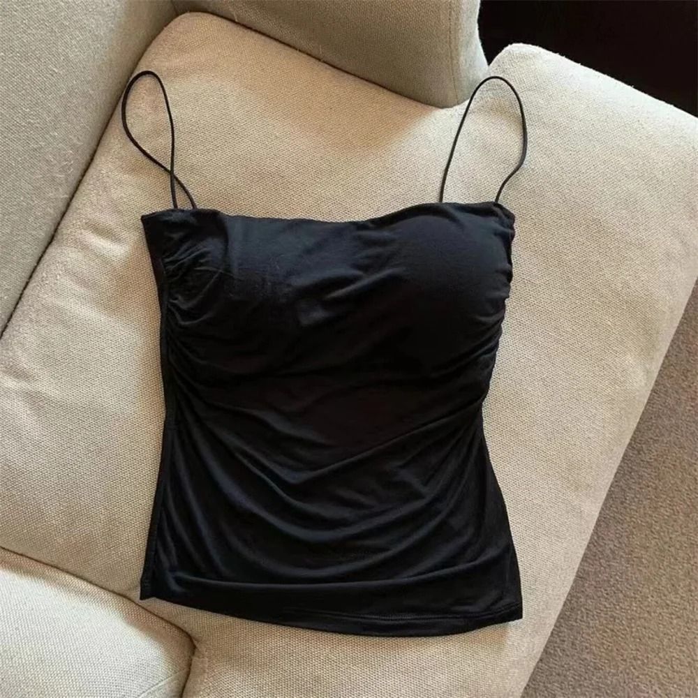 Stylish Waist Pleated Corset Crop Tank Top With Built In Chest Pad
