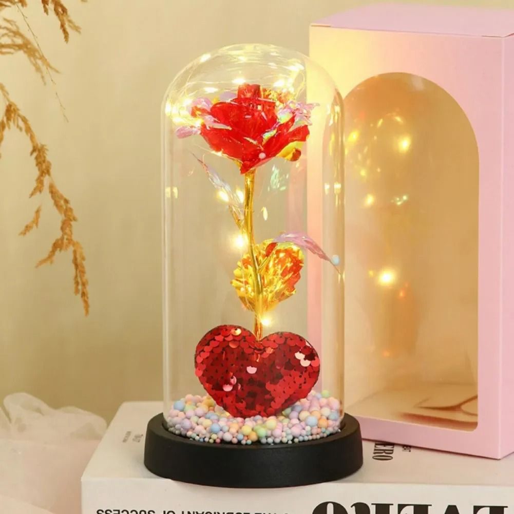 LED Eternal Rose Glass Dome with Gold Foil Flower