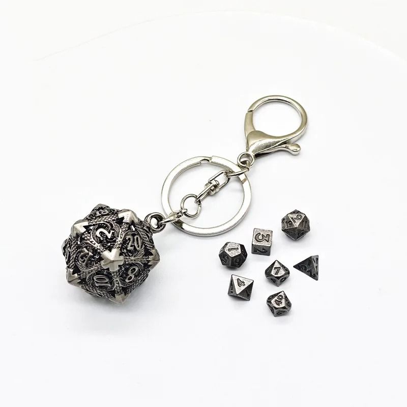 Mini Metal Dragon Skeleton Dice Keychain Set with Polyhedral Dice Pendant