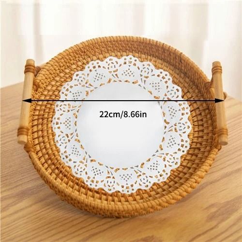 Woven Rattan Round Storage Basket Tray With Strap Handle For Snacks And Picnic