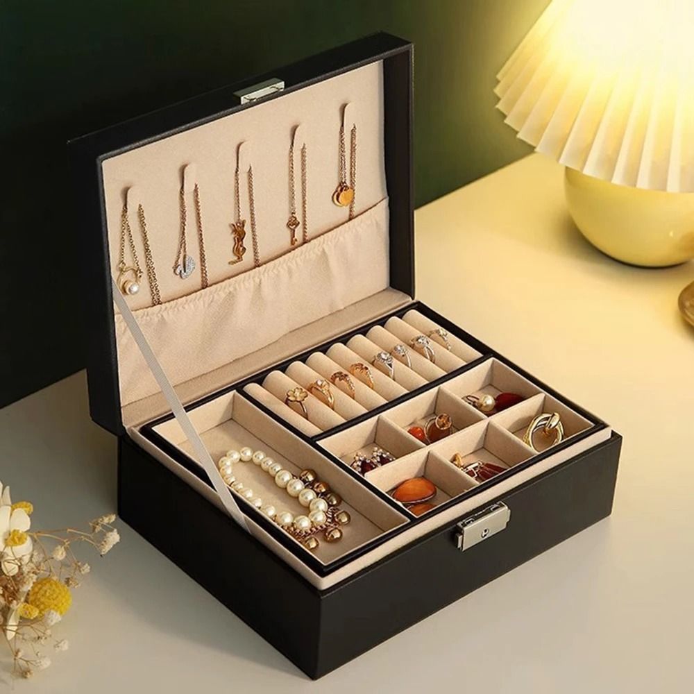 Lockable Double Layer Jewelry Storage Box PU Leather Organizer For Earrings Necklaces And Accessories