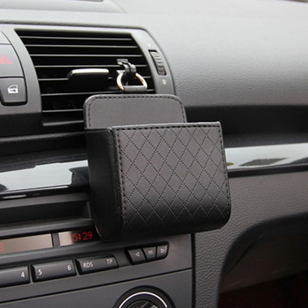 Car Air Vent Phone Holder Hanging Storage Bag PU Leather Glasses and Accessory Organizer