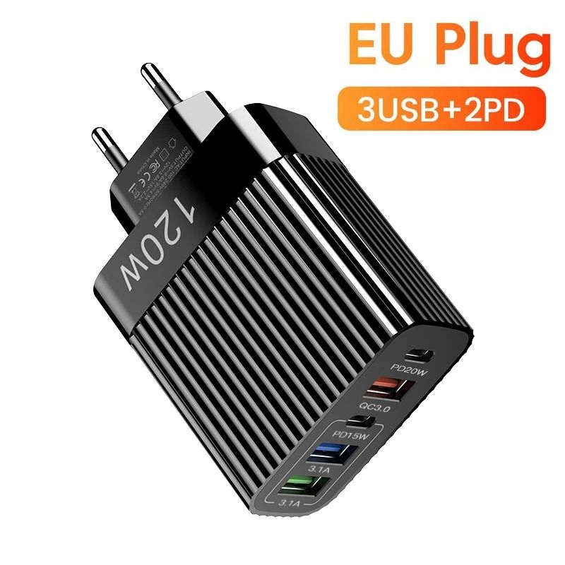 Professional High Power 120W 5 Port USB Fast Charger and Intelligent PD Type C Desktop Charging Station