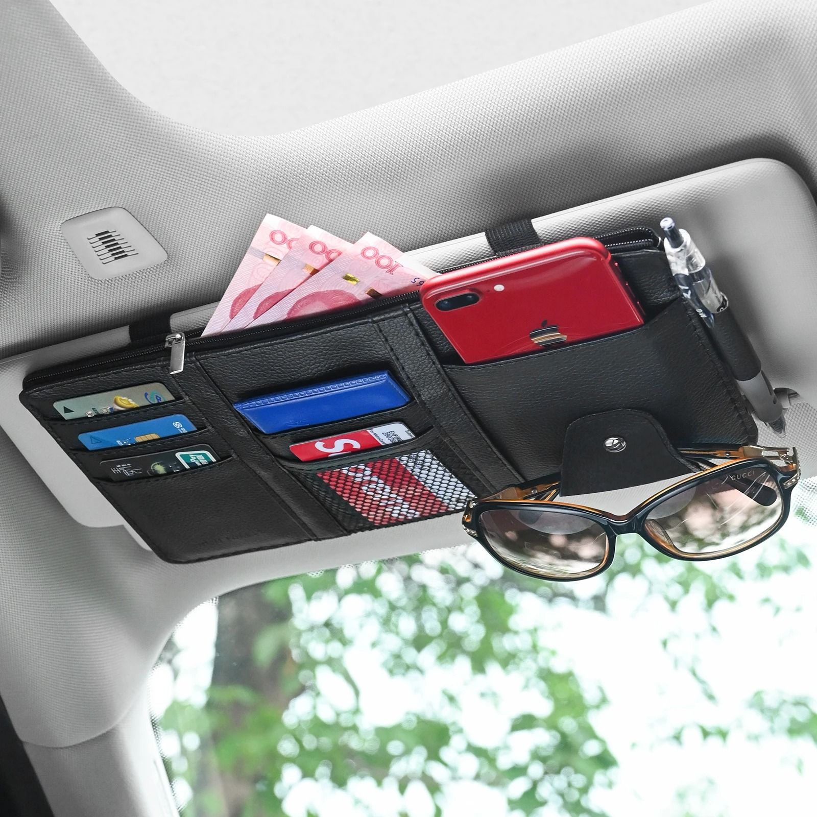 Universal Leatherette Sun Visor Organizer – Multi-Function Travel Storage Hub