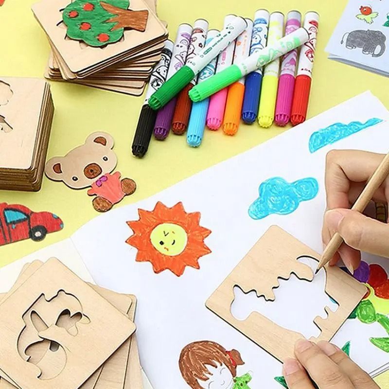 42-Piece Wooden DIY Drawing Template Set - Children's Creative Art Tool Kit