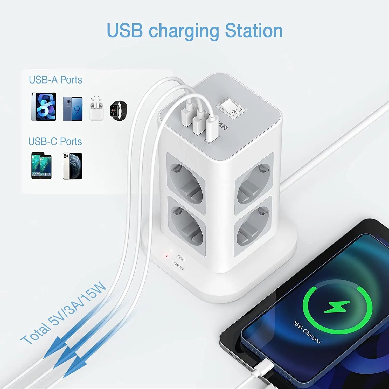Vertical Tower Power Strip | Surge Protected Multi-Outlet Charging Station