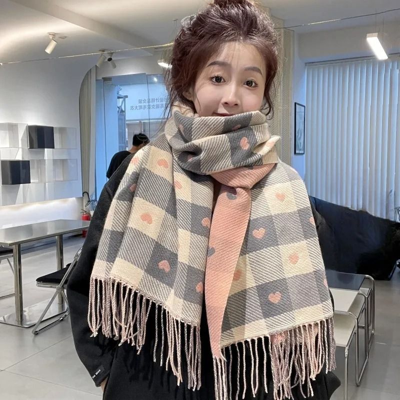 Autumn & Winter Heart-Shaped Plaid Scarf – Thick Oversized Blanket Shawl