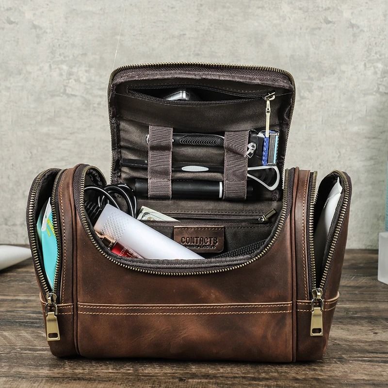 Genuine Leather Mens Business Travel Toiletry Bag – Crazy Horse Leather Wash & Cosmetics Organizer