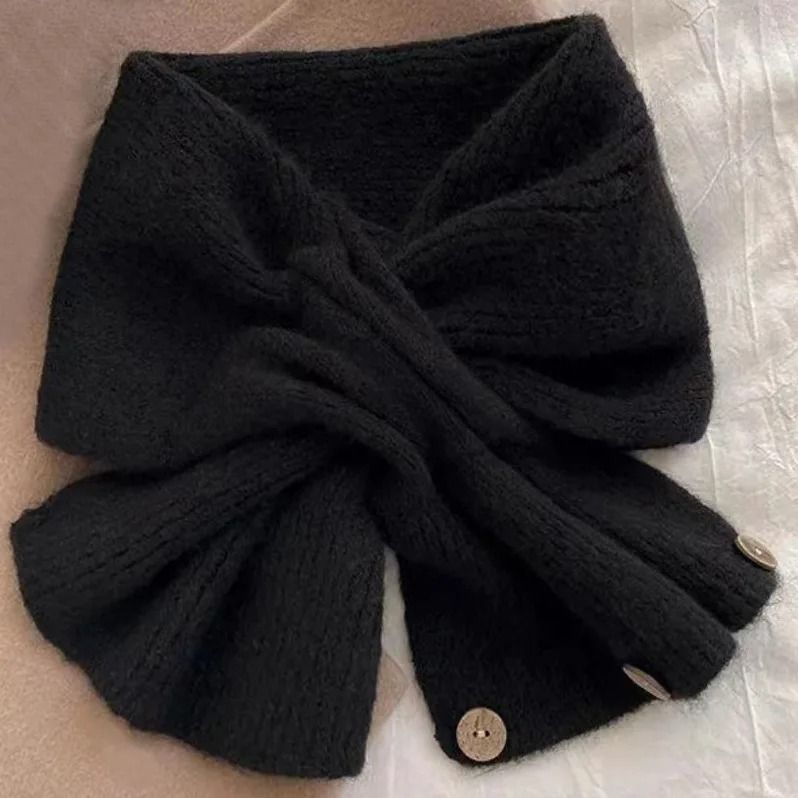 Korean Edition Cross-Knit Scarf – Stylish Color-Blocked Thermal Button Neck Cover