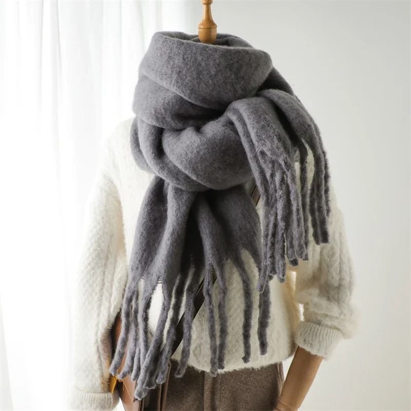Winter Cashmere-Soft Pashmina Scarf – Oversized Solid Blanket Wrap with Large Tassels