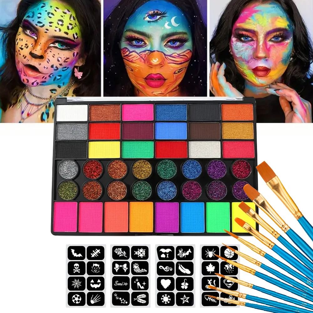 42-Color Professional Water-Soluble Face & Body Paint Palette - UV Neon, Glitter & Classic Makeup Set