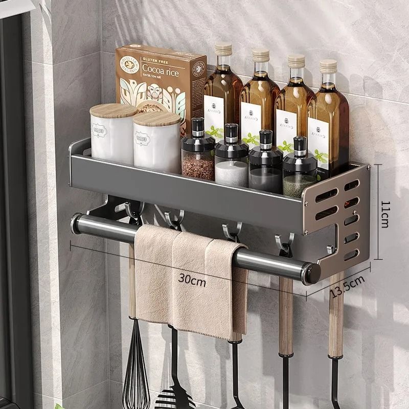 Wall-Mount Utensil & Spice Organizer – Multifunctional Kitchen Hanging Storage Shelf with Hooks