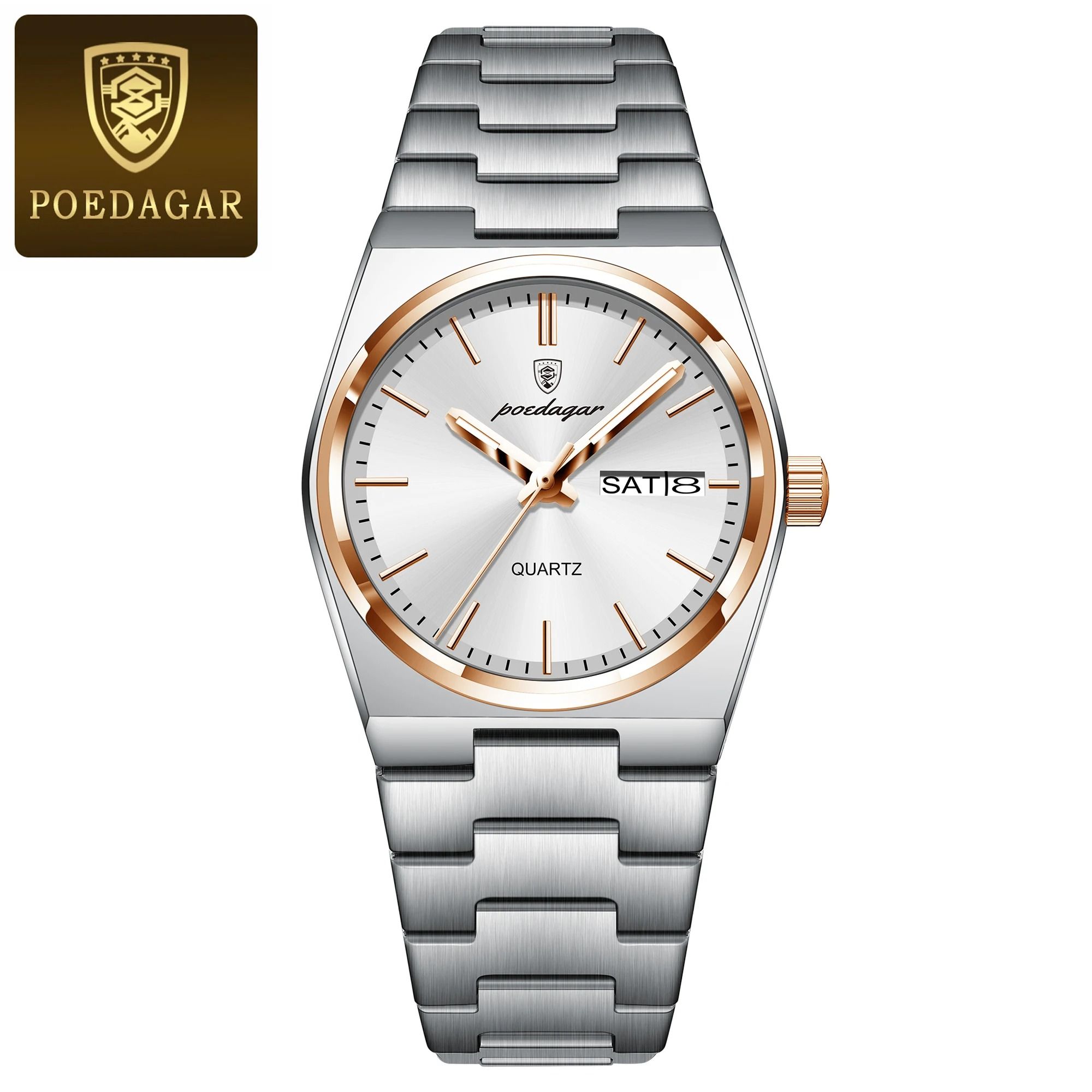 Stainless Steel Quartz Watch – Waterproof Luxury Timepiece with Date and Week Display for Women