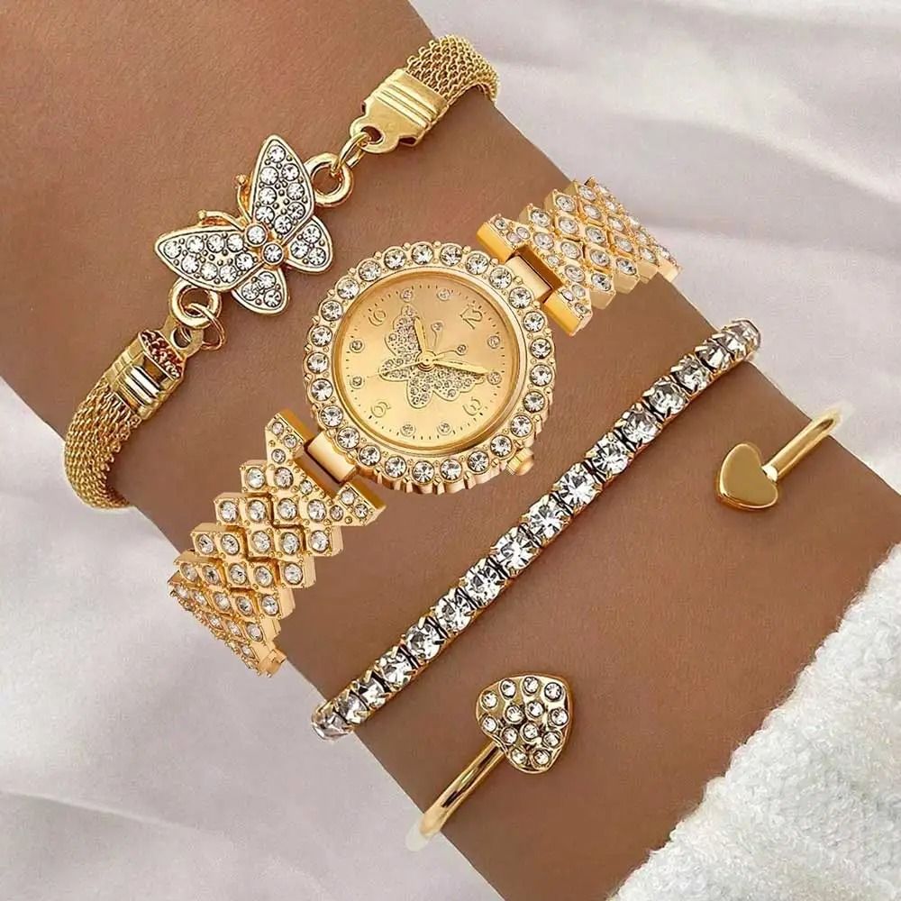 Golden Butterfly Luxury Quartz Watch Set – 4-Piece Trendy Fashion Bracelet Collection for Effortless Daily Styling