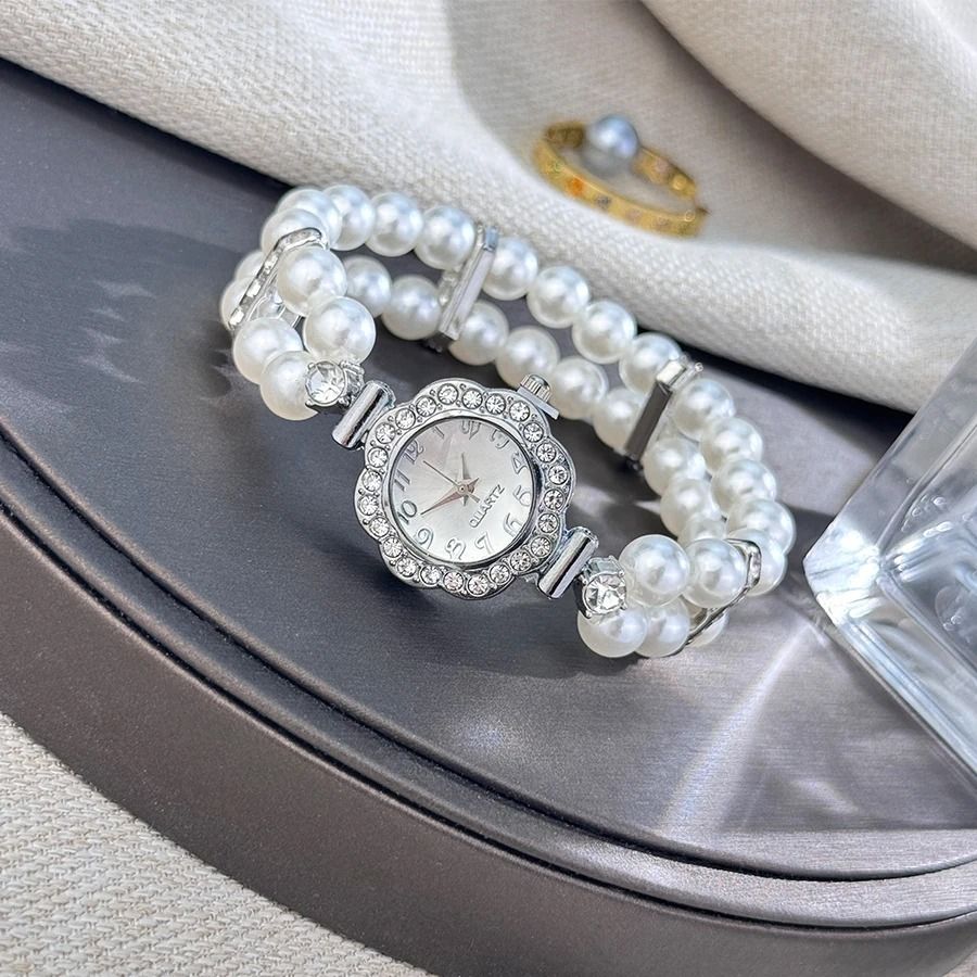 Vintage Pearl & Diamond-Encrusted Elastic Bracelet Watch - Luxury Quartz Wristwatch with Convenient Stretch Band for Lad