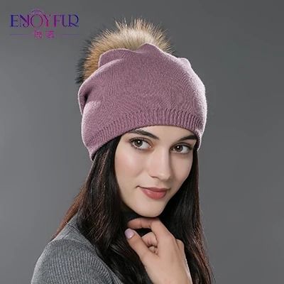 Wool Knit Beanie with Real Fur Pom Pom
