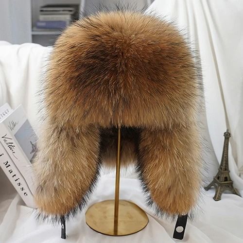 100% Real Silver Fox Fur & Leather Bomber Hat