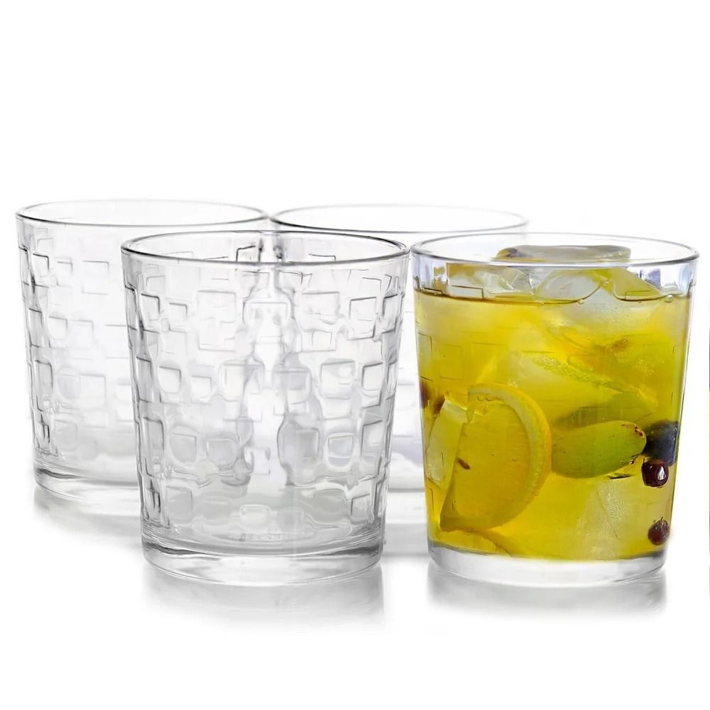 4-Piece Embossed Glass Tumbler Set | 13 oz Old Fashioned Glassware