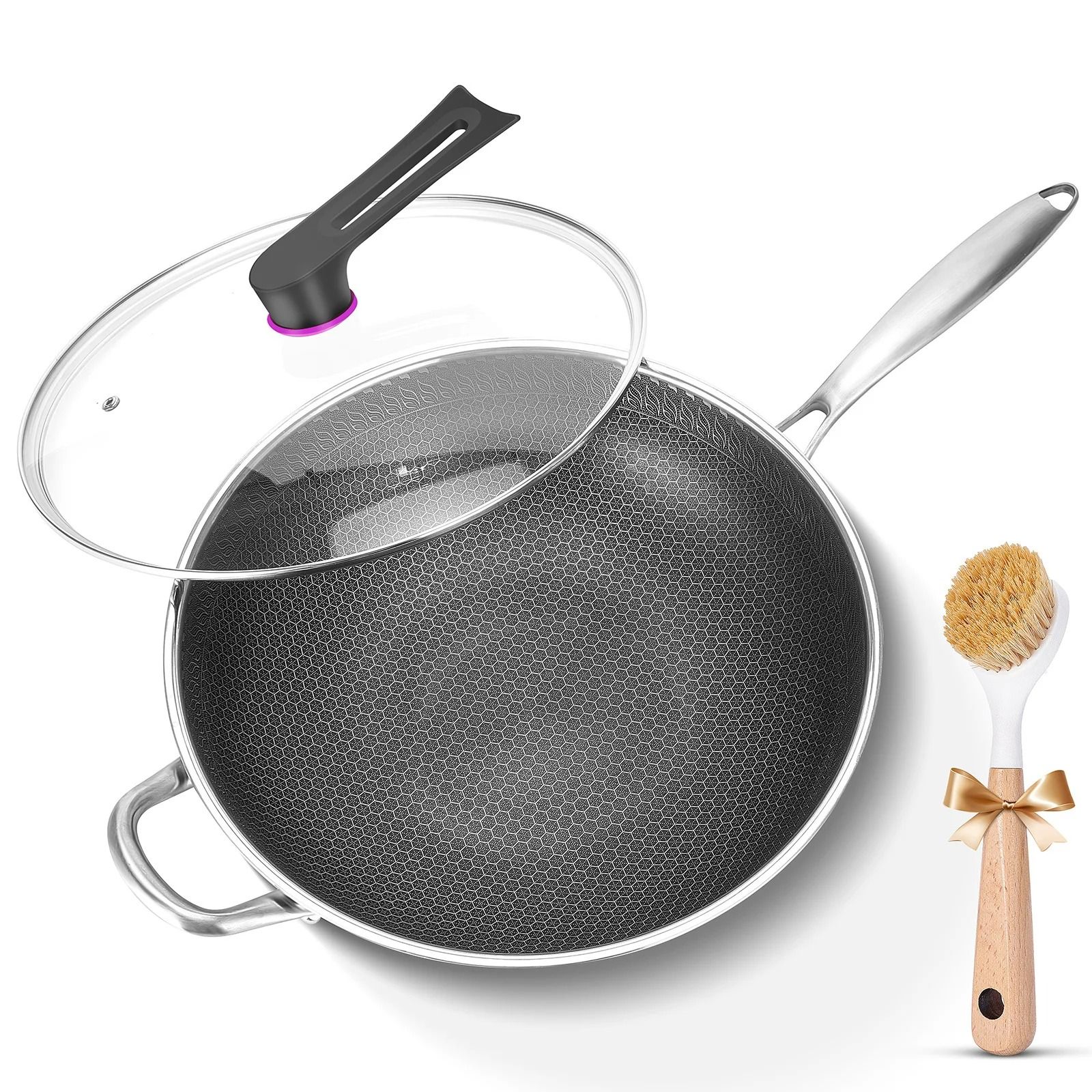 Stainless Steel Nonstick Wok with Tempered Glass Lid
