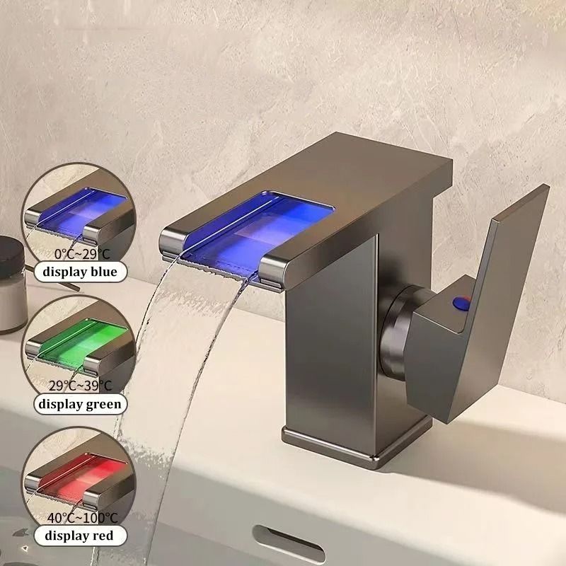 All-Copper LED Waterfall Faucet – Luminous Basin Mixer for Modern Bathrooms