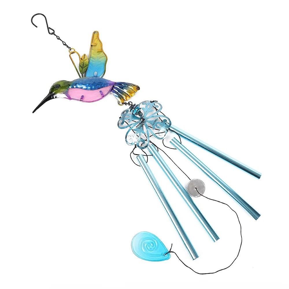 Hand-Painted Metal & Glass Wind Chime | Hummingbird & Dragonfly Courtyard Decor