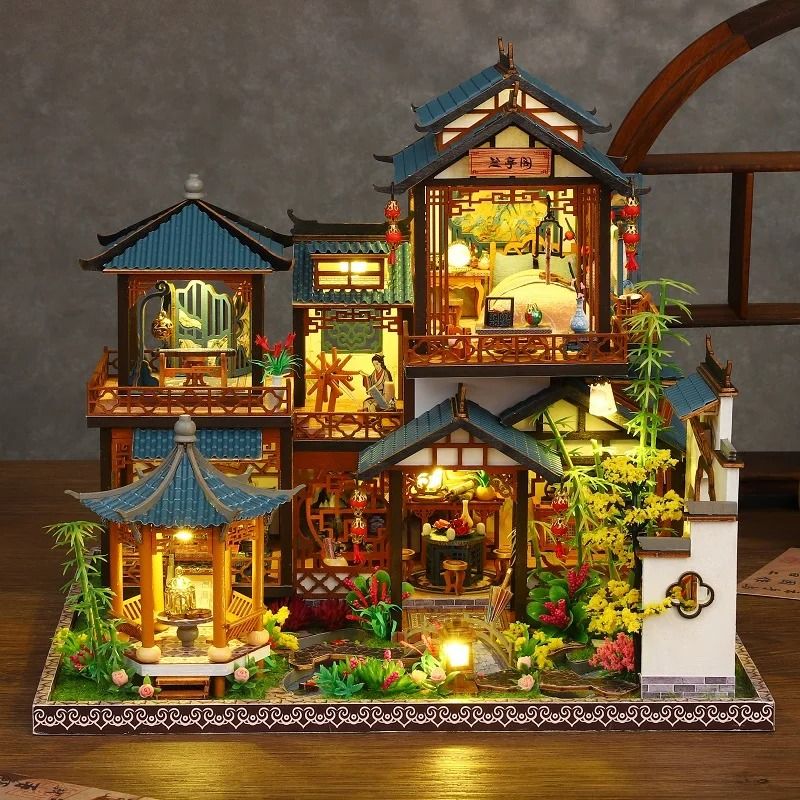 DIY Elegant Orchid Pavilion Book Nook Kit - Handcrafted 3D Miniature Model with Ancient Chinese Architecture & LED Light