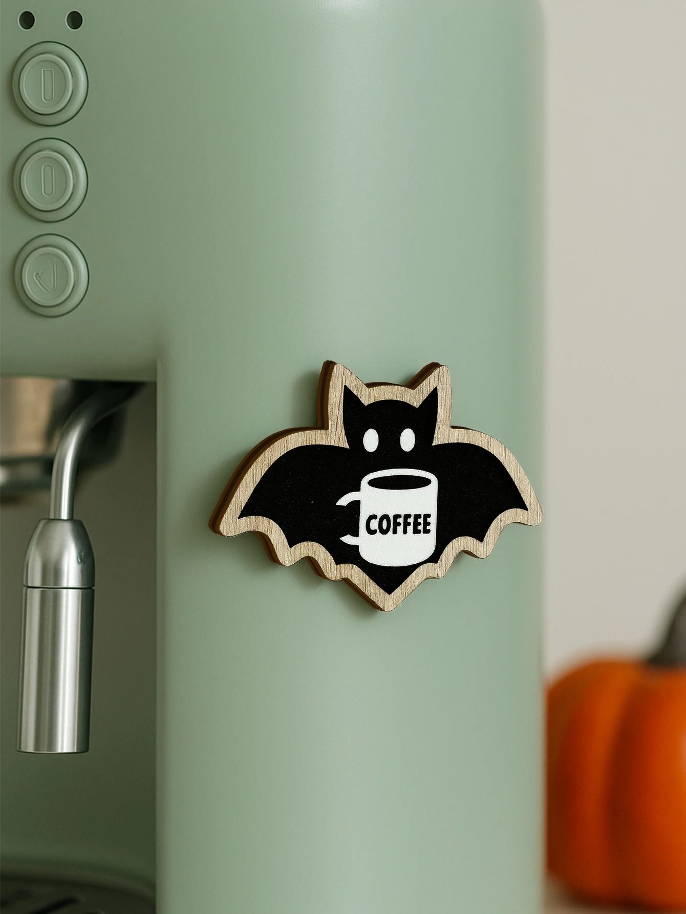Wooden Halloween Bat Decorative Stickers – Cute Coffee-Loving Bat Design for Refrigerator & Coffee Machine Decor