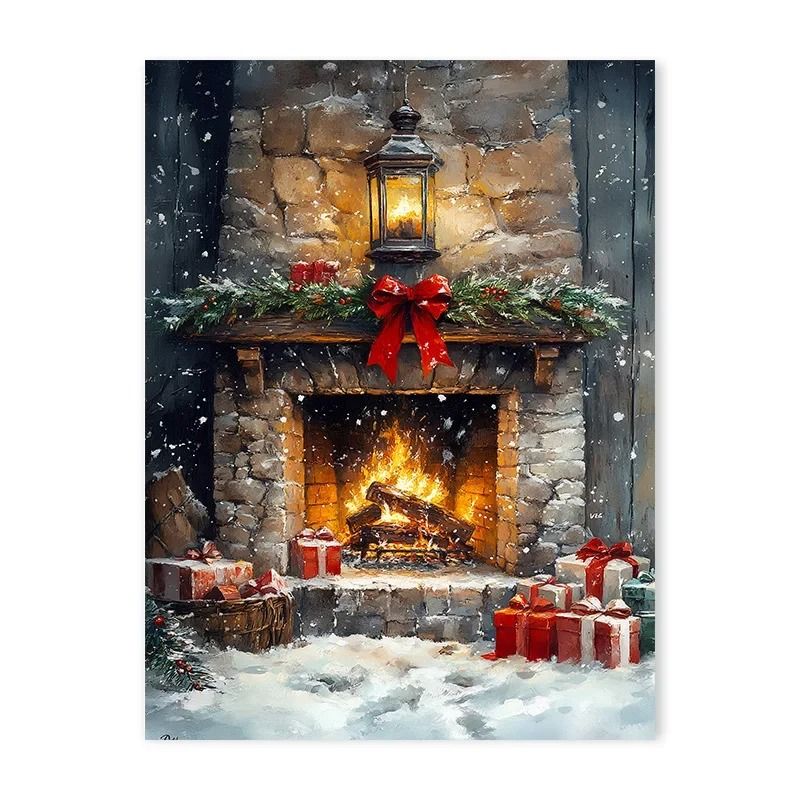 Vintage Red Truck & Nordic Winter Snow Canvas Art – Rustic Christmas Reindeer & Fireplace Scene Wall Decor