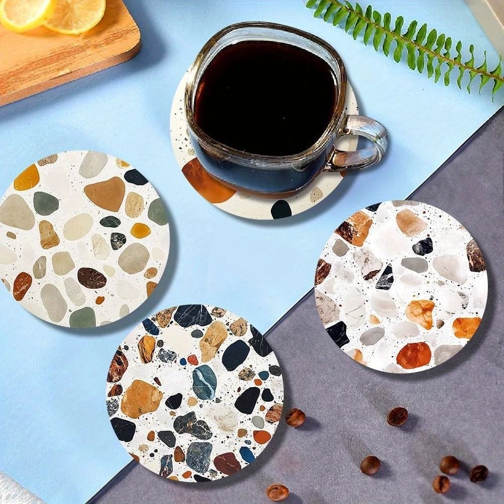 6-Piece Wooden Coaster Set – Printed Stone Pattern Desktop Insulation Mats for Home, Coffee & Office Decor