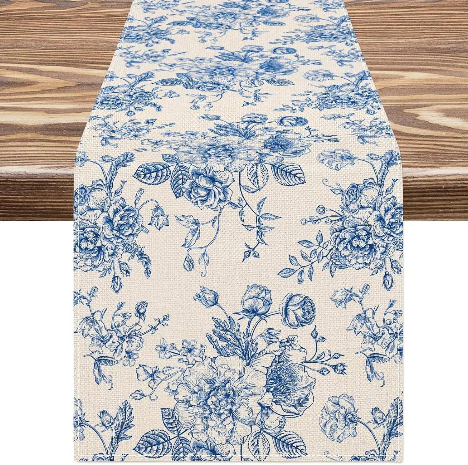 Chinoiserie Blue Flower Linen Table Runner – Elegant Porcelain-Inspired Dresser Scarf & Reusable Dining Table Decor