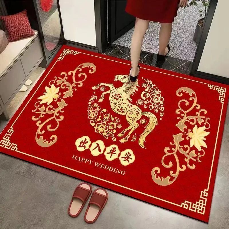 2026 Chinese New Year "Year of the Horse" Carpet Mat – Red & Gold Running Horse and Peony Floral Festival Floor Decor