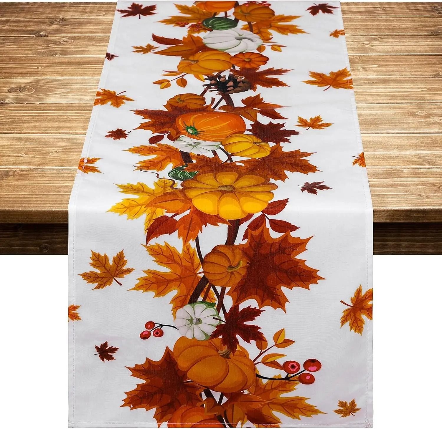 Fall Thanksgiving Pumpkins Linen Table Runner - Autumn Harvest Maple Leaves Holiday Party Decor & Farmhouse Kitchen Runn