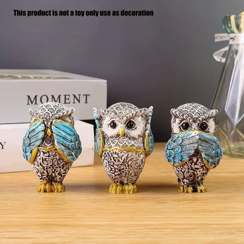 3-Piece Resin Owl Statue Collection - Decorative Artisanal Crafts for Modern Home & Office Interior Decor