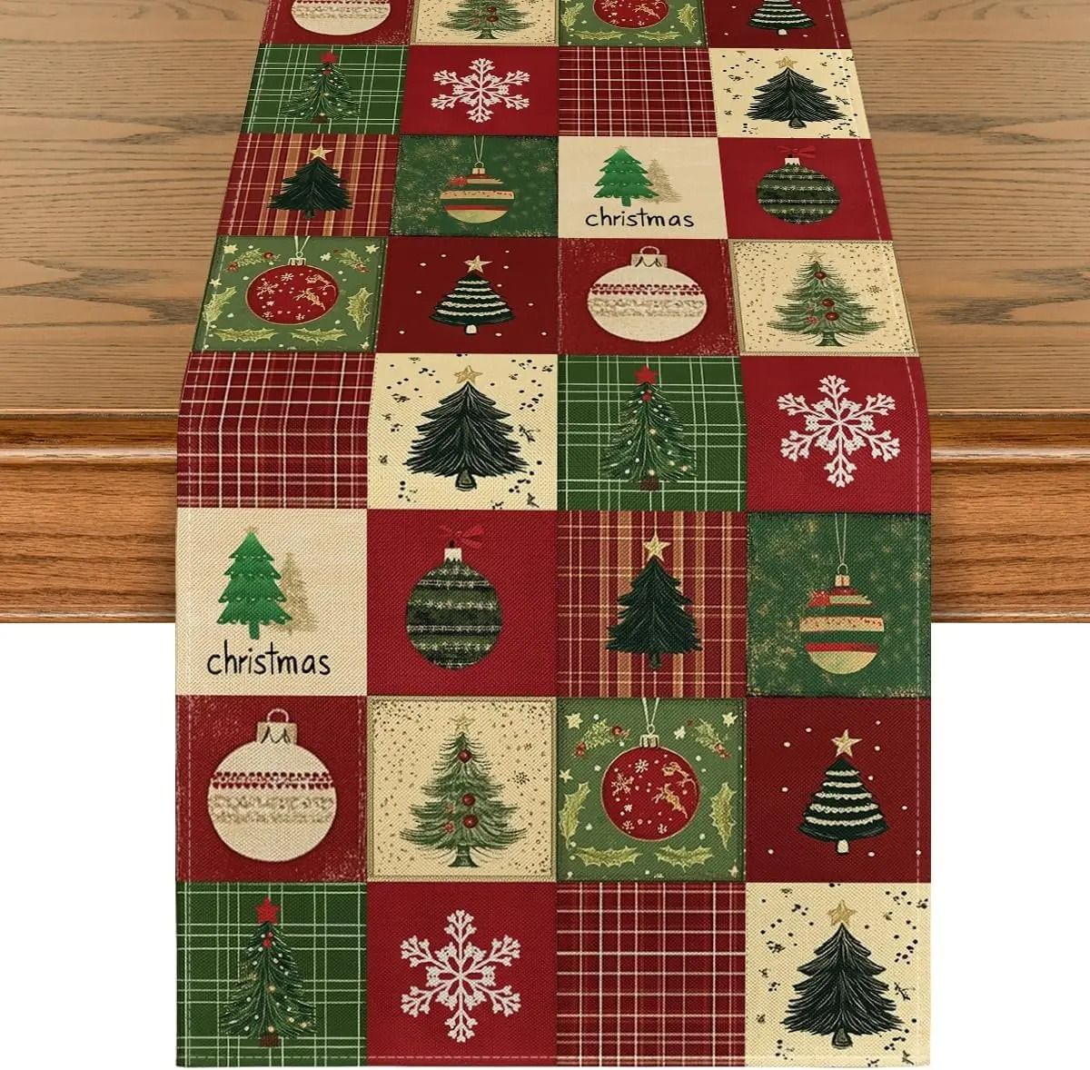 Plaid Linen Holiday Table Runner – Festive Christmas Tree & Snowflake Dining Decor for Winter Kitchens & Holiday Parties